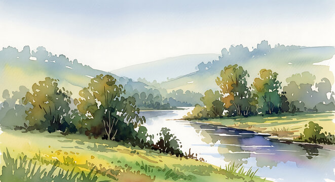 Serene watercolor landscape of a winding river through rolling hills - Powered by Adobe