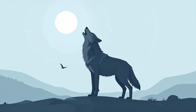 Pixel Art Wolf Howling at Full Moon Silhouette Illustration
