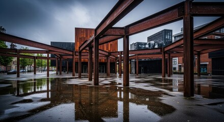 Fototapeta premium Open structure with metal beams reflects in puddles. Cloudy sky above