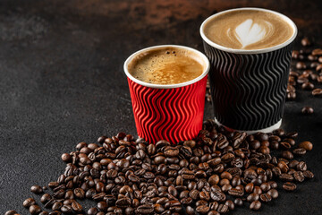 Coffee to go cups with roasted beans