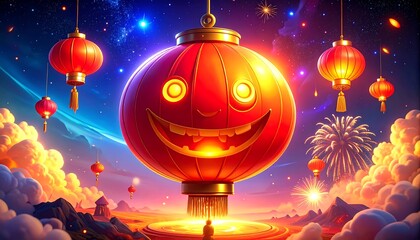 Naklejka premium Cheerful red lantern celebration with fireworks and colorful sky