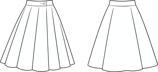 Pleated and plain skirt sketch, fashion garment template, waistband detail, flared hem design, front view illustration, technical drawing, vector