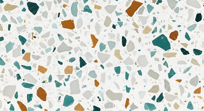 Abstract terrazzo pattern with white background and colorful chips