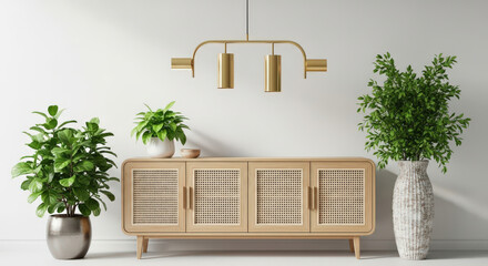 Stylish Interior Featuring a Wooden Cabinet with Plants and a Modern Chandelier Against a White Wall, Showcasing Contemporary Home Decor and Design
