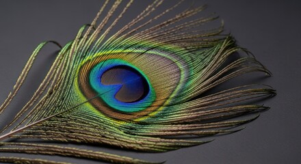 Peacock feather close-up with iridescent eye spot against a dark background