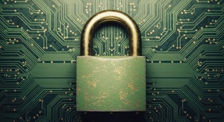 Padlock over green circuit board symbolizing data security