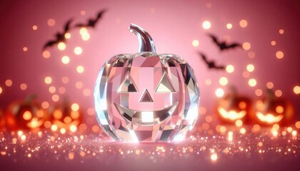 Vibrant crystal jack-o'-lantern glowing with rainbow light on pink background with sparkling facets. Perfect for Halloween decor, tees, souvenirs, capturing festive autumn mood