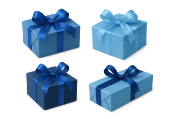 Assortment of blue gift boxes with ribbons and bows on transparent background, symbolizing celebration and surprise