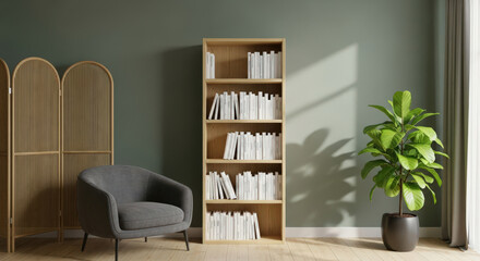 Stylish Interior with Bookshelf, Armchair, and Fiddle Leaf Fig A Modern Living Space Featuring Natural Light, Warm Tones, and Comfortable Furniture for Relaxation and Reading