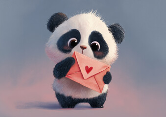 Ai cute panda holding a love letter with a heart in its paws against a soft backdrop