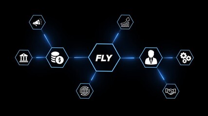 Business concept network connections digital icons representing finance growth marketing teamwork global reach and corporate success with central text F L Y on dark background - Powered by Adobe