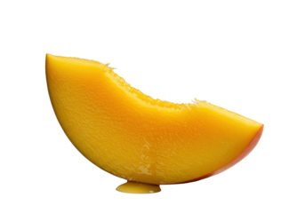 A single, thick slice of vibrant golden-orange ripe mango with glistening natural juice and visible fibrous strands, isolated on a pristine transparent background with subtle palm frond shadow,