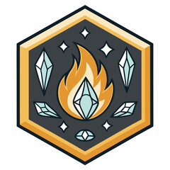 A hexagonal badge featuring a fire with crystals and stars inside.