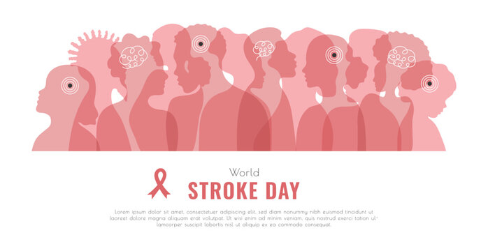 World Stroke day banner template with copy space. Red Brain and abstract people silhouette for flyers and posters to inform about the disease. Vector illustration in flat style