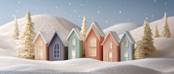 Environmental conceptual pastel winter village with colorful wooden houses snowy landscape