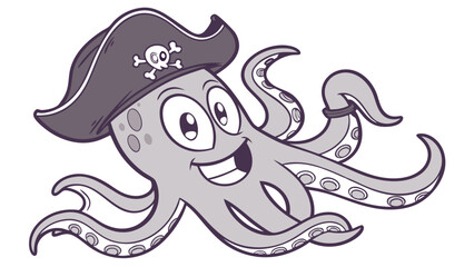 Cartoon Octopus Pirate with Skull and Crossbones Hat and Ringed Tentacle