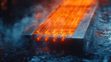 Hot metal rods heating, factory, industrial process, smoke