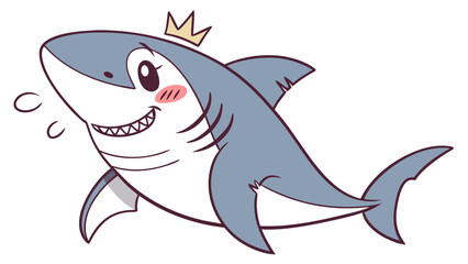 Cartoon Shark with Golden Crown and Rosy Cheeks Smiling Brightly
