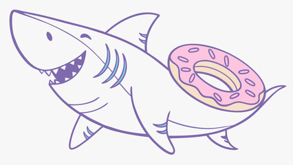 Cartoon Shark with Pink Donut Floatation Device Outlined in Purple