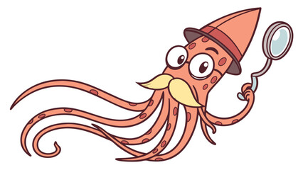 Cartoon Squid Detective with Magnifying Glass Hat and Moustache