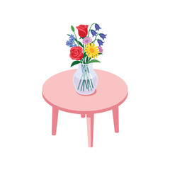 Vibrant bouquet of fresh flowers in a clear vase sits elegantly on a charming pink table, bringing natural beauty indoors