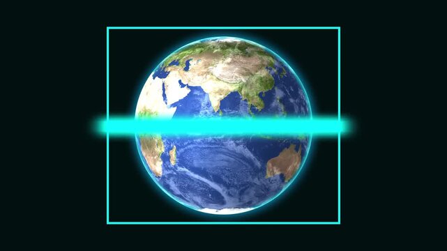 Neon blue square frame enclosing earth globe with glowing base showing world planet details. Earth globe within a neon blue square frame and glowing base highlighting planet world view.