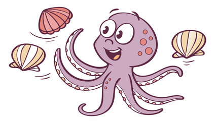 Cheerful Cartoon Octopus with Shells Smiling and Reaching Out Playfully