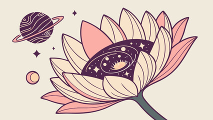 Cosmic Lotus Flower with Planet and Celestial Elements in Illustration