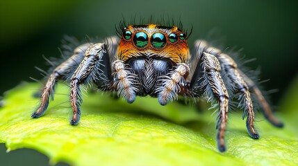 Close-up of a vibrant jumping spider on a green leaf, showcasing intricate details.