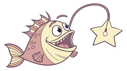 Smiling Anglerfish with StarShaped Lure Cartoon Illustration Detailed Design