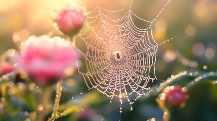 Spiderweb glistening with morning dew in a garden with pink flowers.