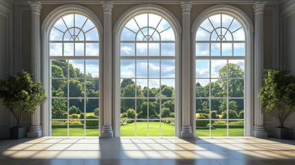 Grand Estate's Serene Garden View Through Majestic Arch Windows