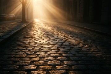 The morning sun casts a mystical glow upon an old cobblestone street, creating an ethereal ambiance with the light bursting through the tree.