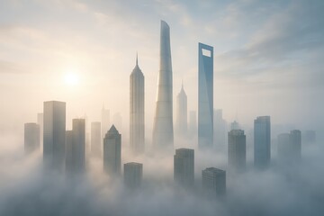 A captivating aerial view of a modern city, skyscrapers piercing through a mystical layer of mist, offering a serene atmosphere. 