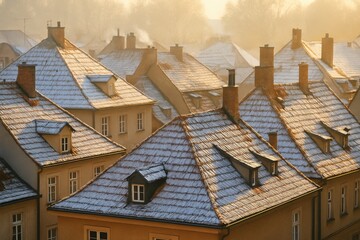 Golden hour bathes a European town in a warm glow. A beautiful row of houses with snow-dusted rooftops and chimneys, creating a captivating and tranquil cityscape.