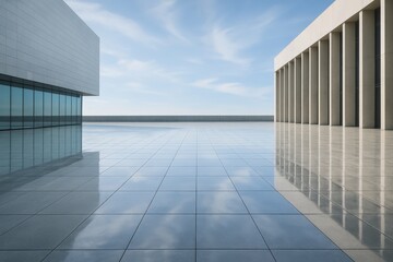 A modern architectural masterpiece, featuring clean lines, sleek surfaces, and a bright, open sky. The composition offers a sense of order and tranquility.
