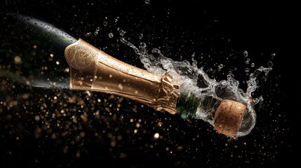 Ai champagne bottle bursting with spray and celebration during a festive event at night