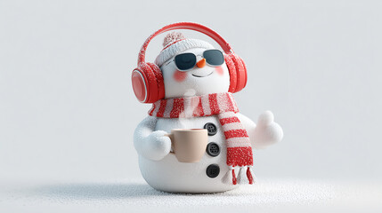 Ai happy snowman enjoys hot drink while wearing headphones and sunglasses during winter season, showing thumb up, on a white background