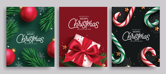 Merry Christmas greeting card clipart poster set. Christmas card and greeting wishes clip art with gift box, candy cane and balls decoration elements for holiday season Christmas banner collection