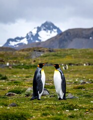 Fototapeta premium Two penguins face to face on a grassy plain