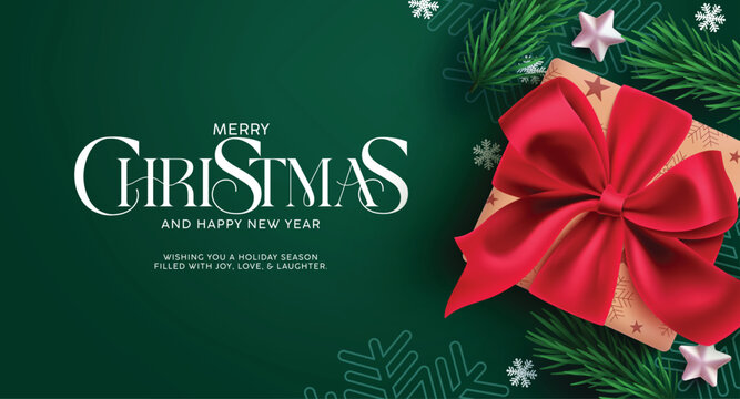 Merry Christmas greeting card clipart design. Christmas card and wishes clip art in elegant green background with red ribbon gift box decoration elements for holiday season banner vector illustration.