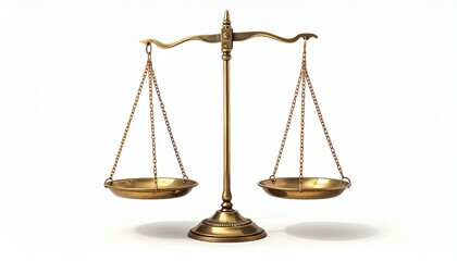 Ornate brass balance scale with empty symmetrical pans suspended by chains, placed on neutral background