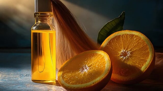 Fresh orange with a bottle of oil in the background