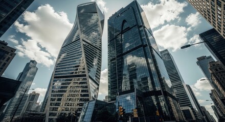 Skyscraper perspective Modern buildings reaching towards cloudy sky