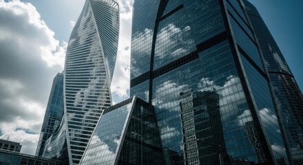 Skyscrapers reach for the sky with clouds reflecting in their glass facade