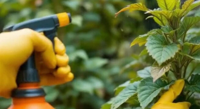 Spraying a plant with a black and yellow spray bottle in a garden with green foliage around it blight spread 