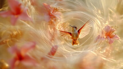Hummingbird flight, floral vortex, nature, fantasy art