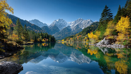Obraz premium Scenic mountain lake with autumn forest and snowy peaks