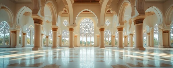 Islamic mosque architecture in Dubai, featuring stunning design elements for worship. The scene captures the cultural and religious importance of the mosque, with respect for spiritual, Generative AI