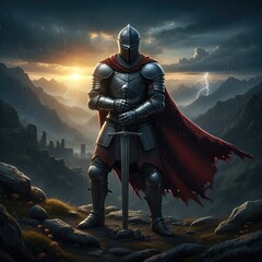 Medieval Knight Standing in Stormy Mountain Landscape